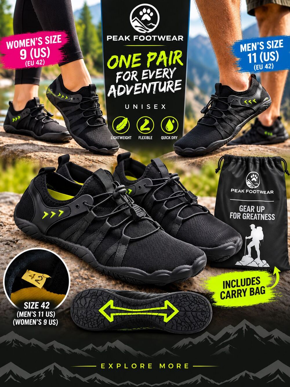 Peak Footwear Unisex Barefoot Water Shoes Black EU 42 Men’s 8.5 Women’s 10-NEW